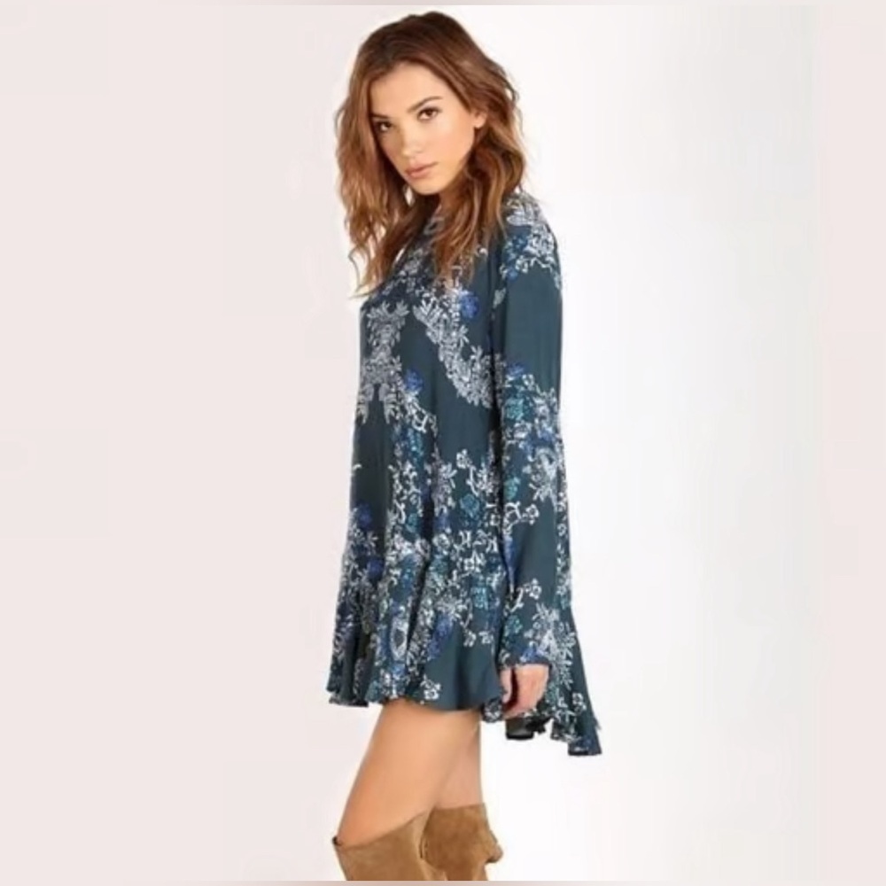 Free People Teal Blue Floral Mini Dress